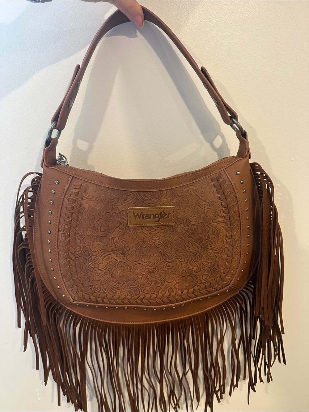 Wrangler Cognac Tooled Fringe Shoulder Bag